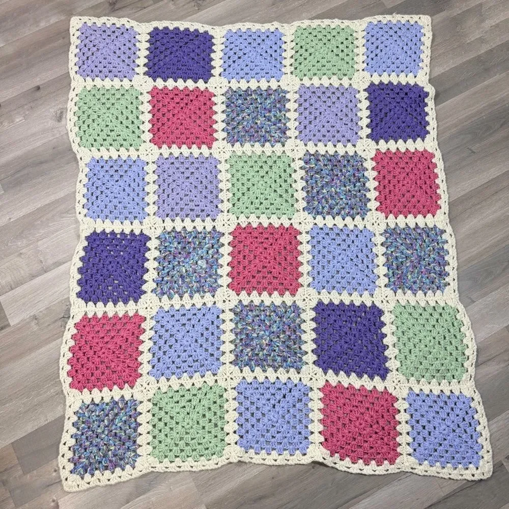Handmade Granny Square Crochet Afghan Blanket White Multicolor Pink Purple Green